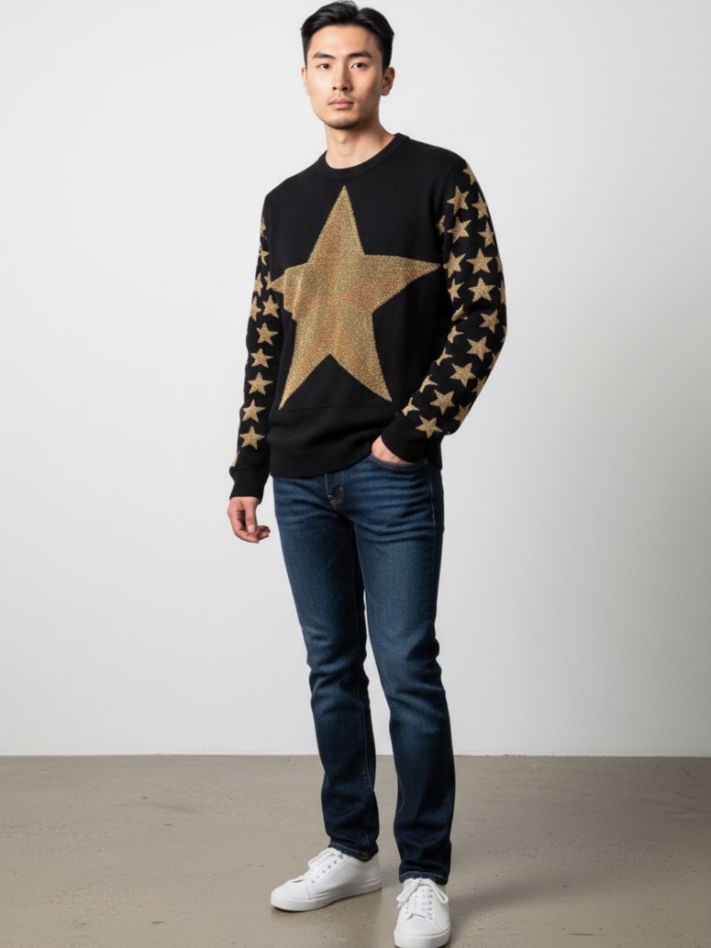 Phillip Plein Black and Gold Wool Blend Star Print Sweater Men and Women